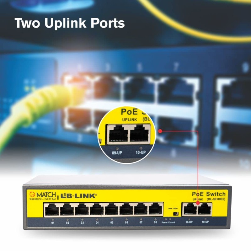 8 Port PoE Switch with 2 Up Link Ports, VLAN up to 250m | Switch Capacity up to 5.6Gbps | 802.3at POE