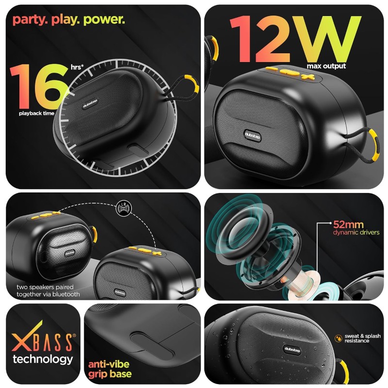 Dubstep Pop 1210 Portable Bluetooth Speaker | 12W Loud Sound, Deep Bass with XBASS, 16 Hrs Playtime (Black)