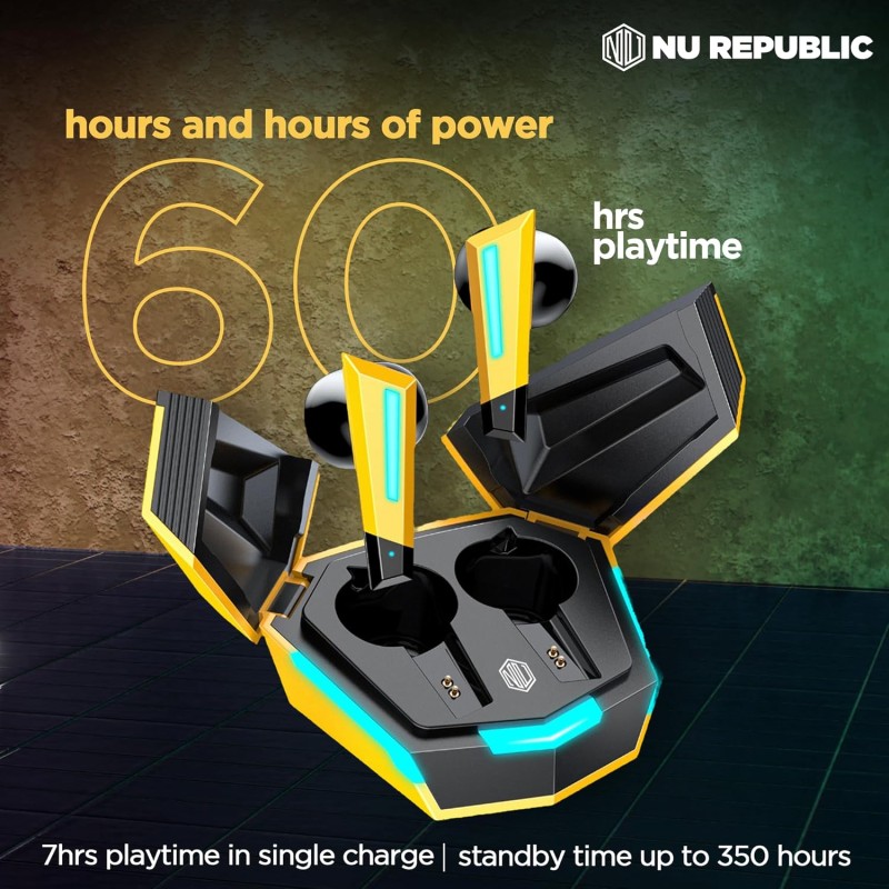 Nu Republic Transform-X Earphone, Earbuds Bluetooth Wireless with X-Bass, ENC Technology, 60 Hrs Playtime,  Yellow
