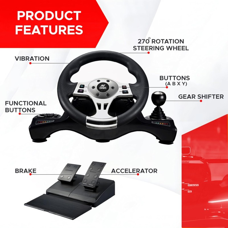 Ant Esports GW190 Race Steering Wheel, Universal USB I 270 Degree rotation with 2 Large Pedals and Shifter Compatible Black Silver