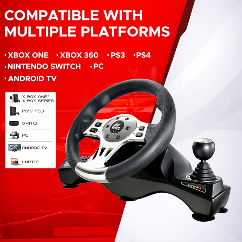 Ant Esports GW190 Race Steering Wheel, Universal USB I 270 Degree rotation with 2 Large Pedals and Shifter Compatible Black Silver