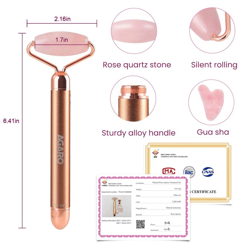 AGARO 4-In-1 Electric Rose Quartz Face Roller With Gua Sha, Jade Roller, Facial Roller Kit for Face, Eye, Neck, Anti-Aging Facial Massager for Anti-Wrinkles, Skin Firming and Lifting (Rose Gold)