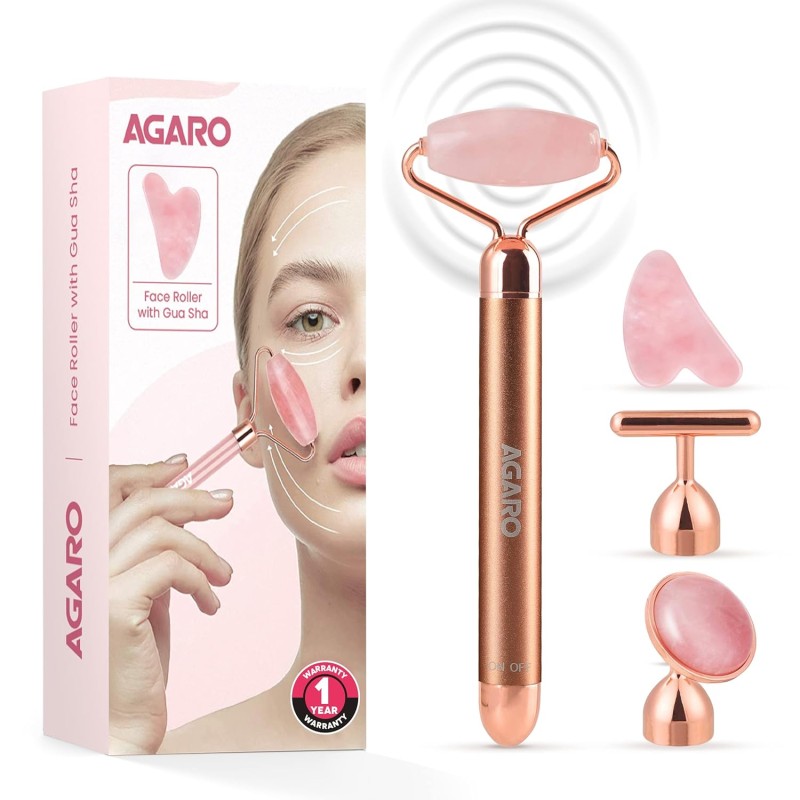 AGARO 4-In-1 Electric Rose Quartz Face Roller With Gua Sha, Jade Roller, Facial Roller Kit for Face, Eye, Neck, Anti-Aging Facial Massager for Anti-Wrinkles, Skin Firming and Lifting (Rose Gold)
