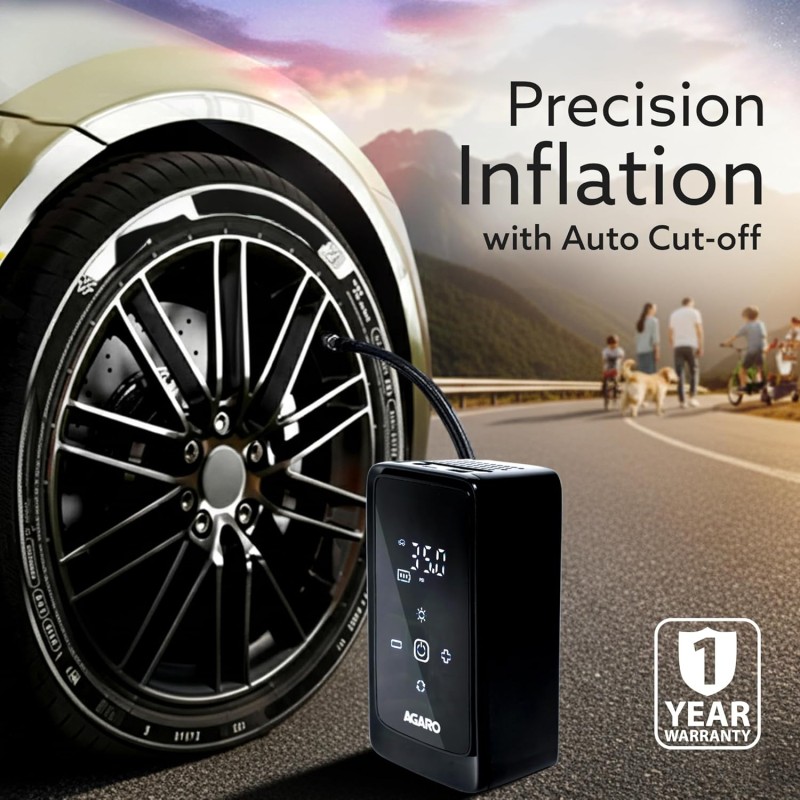 AGARO Atom Cordless Tyre Inflator, 150 PSI, 4500mAh Battery, Auto Shut-Off, Digital Display, LED Light, USB-C Charging, 12V DC Output, for Cars