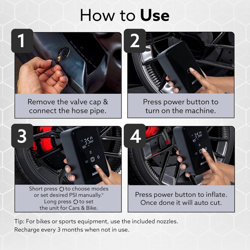 AGARO Atom Cordless Tyre Inflator, 150 PSI, 4500mAh Battery, Auto Shut-Off, Digital Display, LED Light, USB-C Charging, 12V DC Output, for Cars