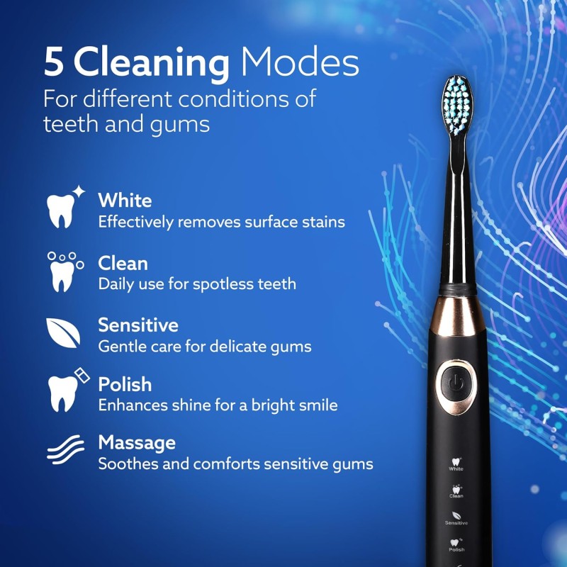 AGARO COSMIC MAX Sonic Electric tooth brush for adults with 5 modes, 7 brush heads, 1 Interdental head and rechargeable with 4 hours charge lasting up to 25 days (Black)