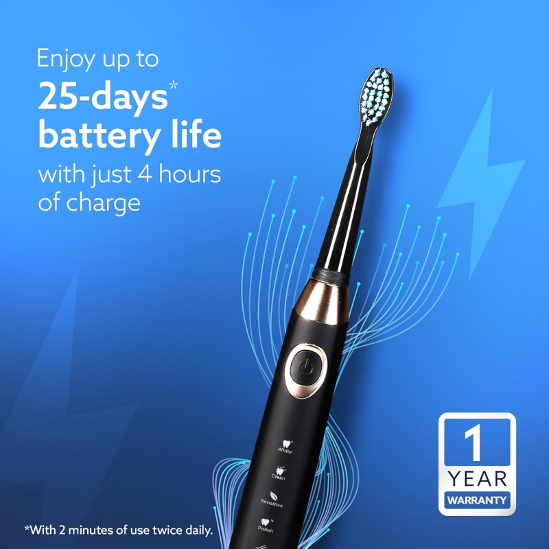 AGARO COSMIC MAX Sonic Electric tooth brush for adults with 5 modes, 7 brush heads, 1 Interdental head and rechargeable with 4 hours charge lasting up to 25 days (Black)