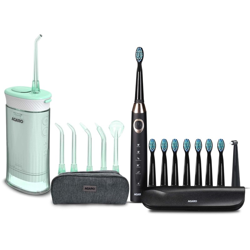 AGARO COSMIC MAX Sonic Electric tooth brush for adults with 5 modes, 7 brush heads, 1 Interdental head and rechargeable with 4 hours charge lasting up to 25 days (Black)
