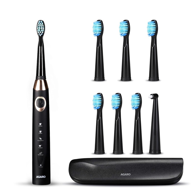 AGARO COSMIC MAX Sonic Electric tooth brush for adults with 5 modes, 7 brush heads, 1 Interdental head and rechargeable with 4 hours charge lasting up to 25 days (Black)