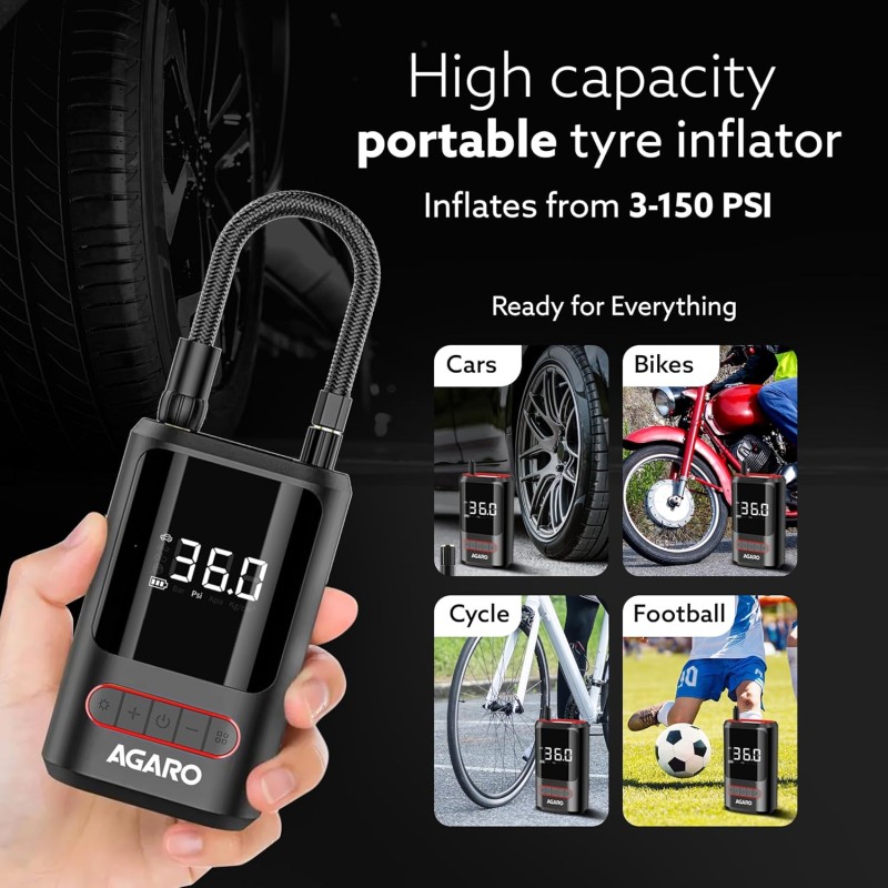 AGARO Galaxy Portable Tyre Inflator for Cars, Bikes, Bicycles & Balls, 150 PSI Pressure, 2 X 2000mAh Battery
