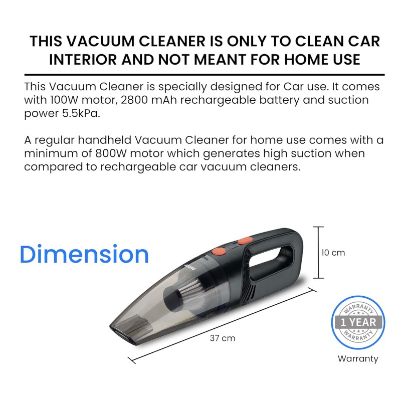 AGARO HVC1081 Cordless Rechargeable Car Vacuum Cleaner, Portable, Handheld,110W, 5.5KPA Power Socket, Stainless Steel Filter, Black