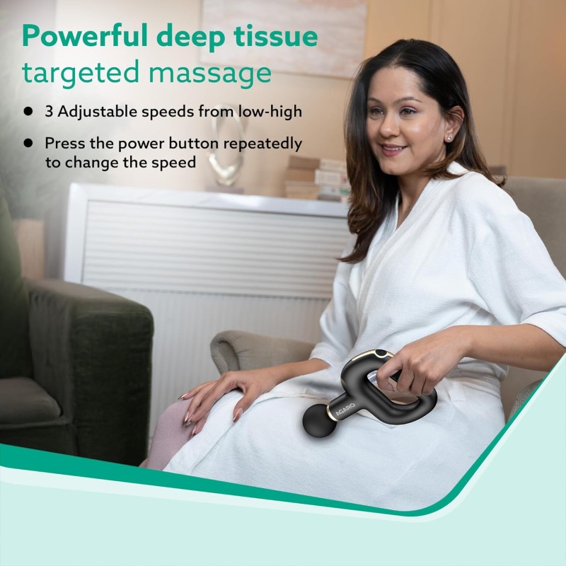 AGARO Icon Handheld Percussion Massage Gun, Brushless Motor, Rechargeable, Massage Machine, Body Massager, 6 Massage Heads, 3 Speed Settings, Deep Tissue Body Massage, Pain Relief, Carry Case