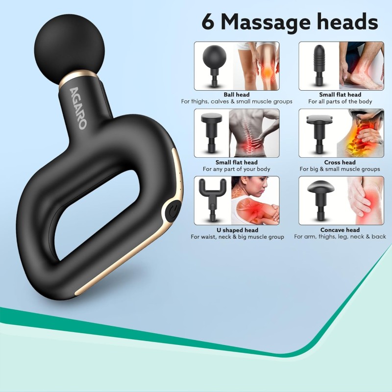 AGARO Icon Handheld Percussion Massage Gun, Brushless Motor, Rechargeable, Massage Machine, Body Massager, 6 Massage Heads, 3 Speed Settings, Deep Tissue Body Massage, Pain Relief, Carry Case