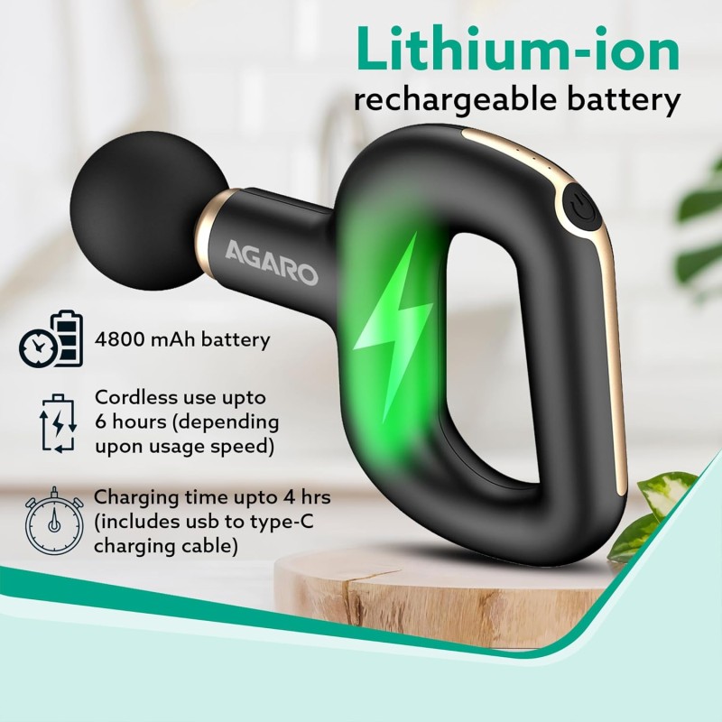AGARO Icon Handheld Percussion Massage Gun, Brushless Motor, Rechargeable, Massage Machine, Body Massager, 6 Massage Heads, 3 Speed Settings, Deep Tissue Body Massage, Pain Relief, Carry Case