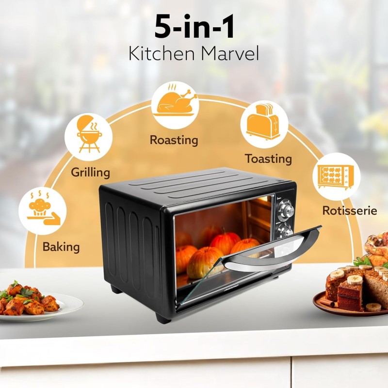 AGARO Majestic 30L OTG 1500W, with Motorized Rotisserie Baking & Grilling Accessories, Oven For Kitchen, Transparent Glass Door, Black