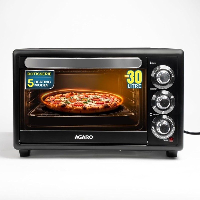 AGARO Majestic 30L OTG 1500W, with Motorized Rotisserie Baking & Grilling Accessories, Oven For Kitchen, Transparent Glass Door, Black