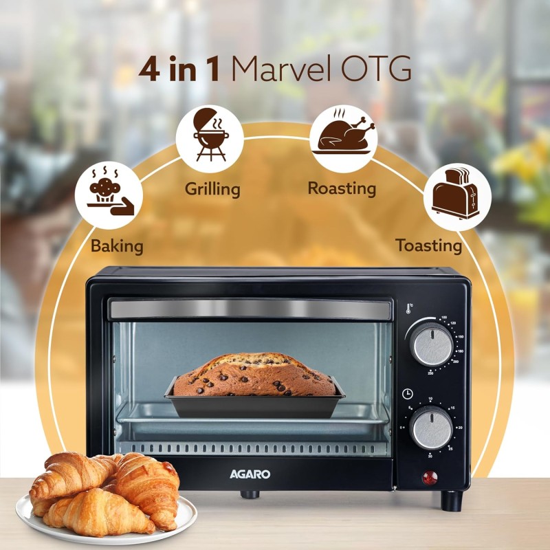 AGARO Marvel 9L OTG Oven 800W, Compact Toaster Griller for Baking, Toasting & Grilling, Adjustable 100°C-250°C, 30-Min Timer with Ready Bell.