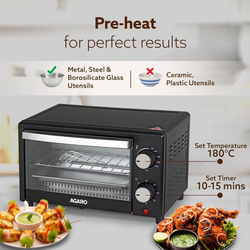 AGARO Marvel 9L OTG Oven 800W, Compact Toaster Griller for Baking, Toasting & Grilling, Adjustable 100°C-250°C, 30-Min Timer with Ready Bell.