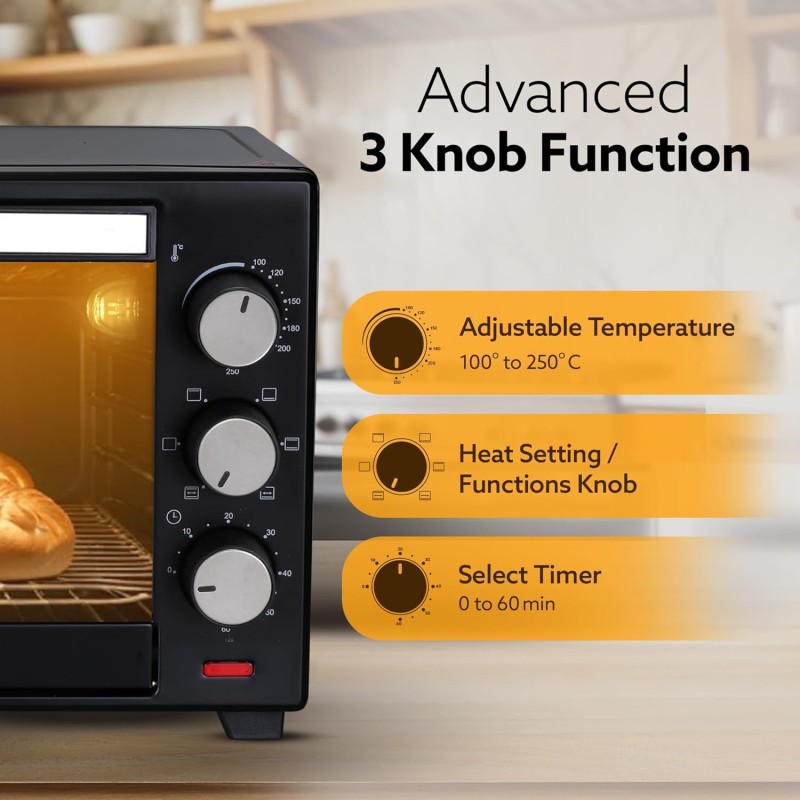 AGARO Marvel Oven Toaster Griller, 25 Litres, Motorised Rotisserie, Adjustable Temperature, 5 Heating Modes (Black)