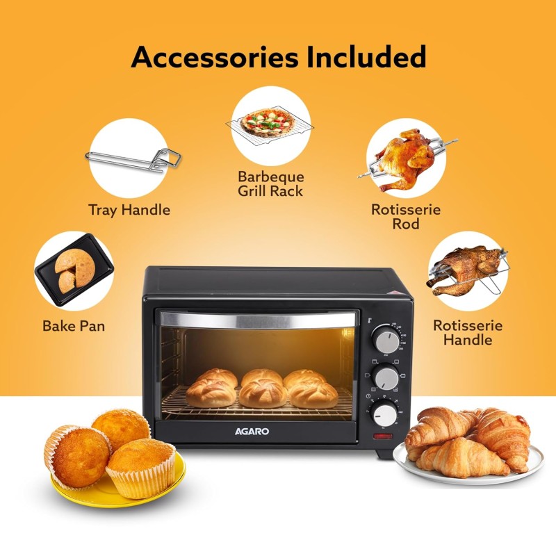 AGARO Marvel Oven Toaster Griller, 25 Litres, Motorised Rotisserie, Adjustable Temperature, 5 Heating Modes (Black)