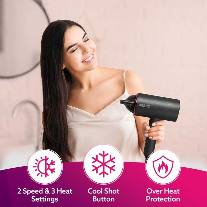 AGARO Premium Hair Dryer with 1400 Watts Motor, 3 Temperature Settings & Cool Shot Button-Black HD-1214