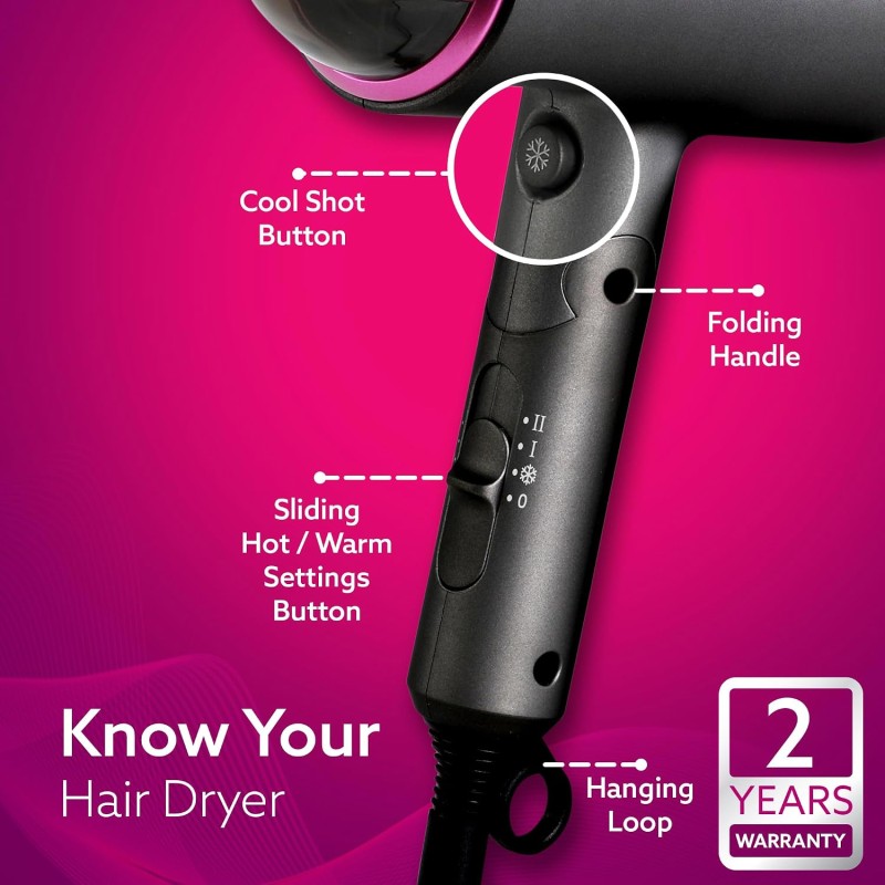 AGARO Premium Hair Dryer with 1400 Watts Motor, 3 Temperature Settings & Cool Shot Button-Black HD-1214