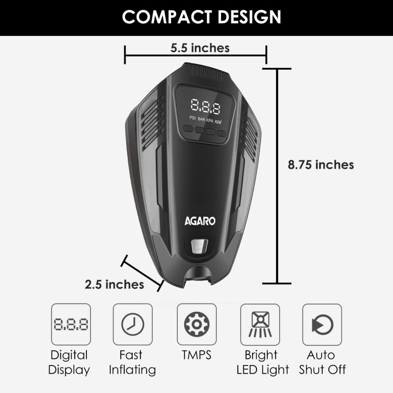AGARO Primo High Power Digital Tyre Inflator for Car, Air Inflator Car Accessories, 120 Watt Air Pump