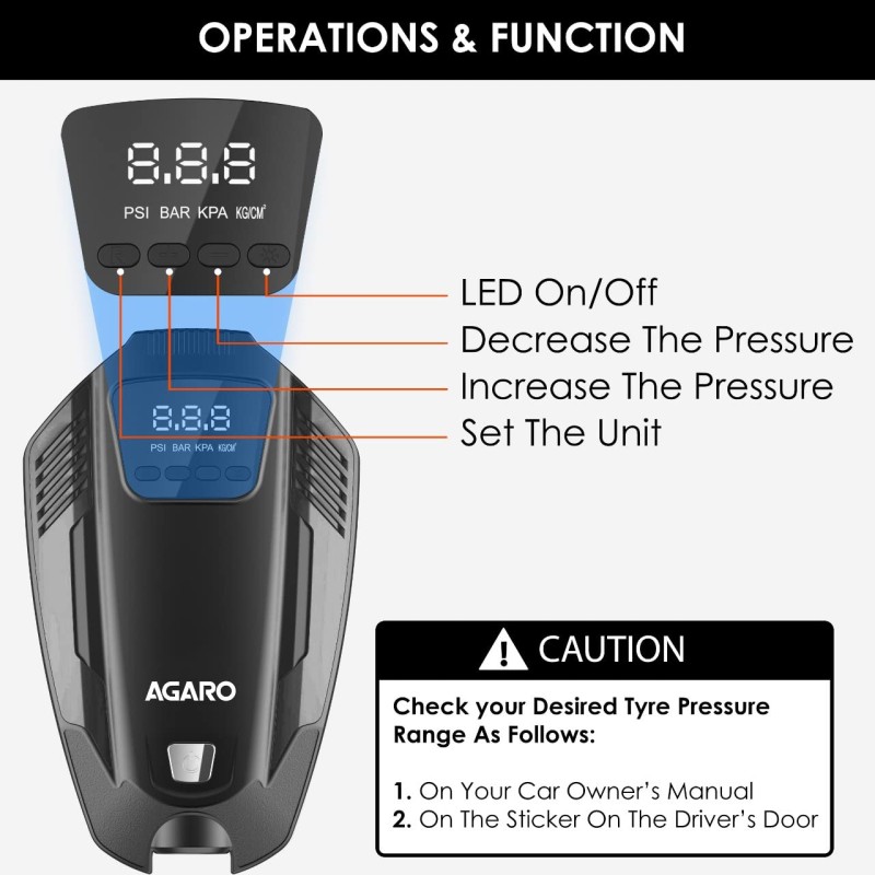 AGARO Primo High Power Digital Tyre Inflator for Car, Air Inflator Car Accessories, 120 Watt Air Pump