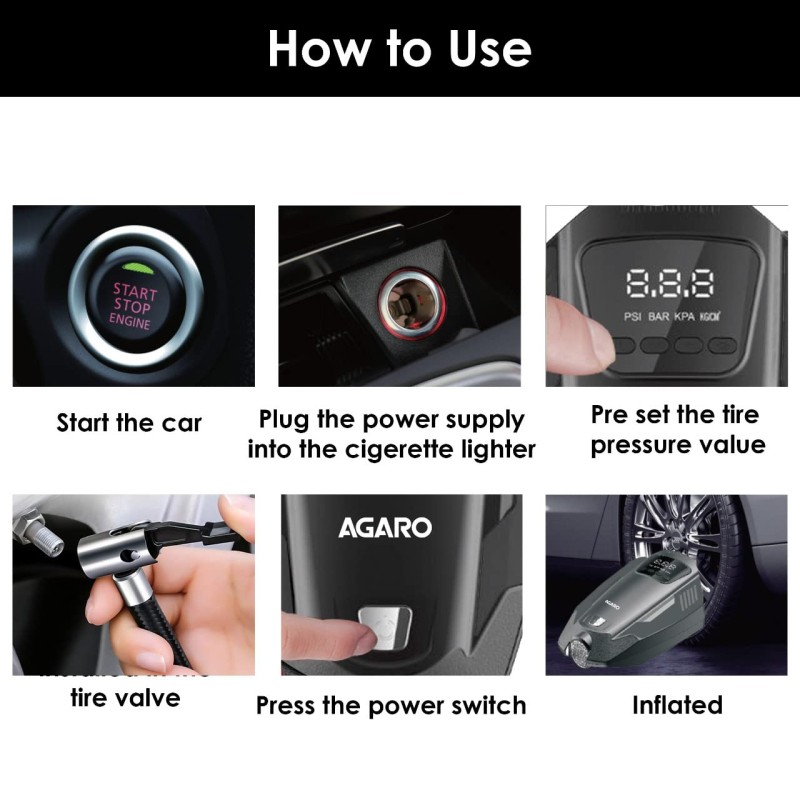 AGARO Primo High Power Digital Tyre Inflator for Car, Air Inflator Car Accessories, 120 Watt Air Pump