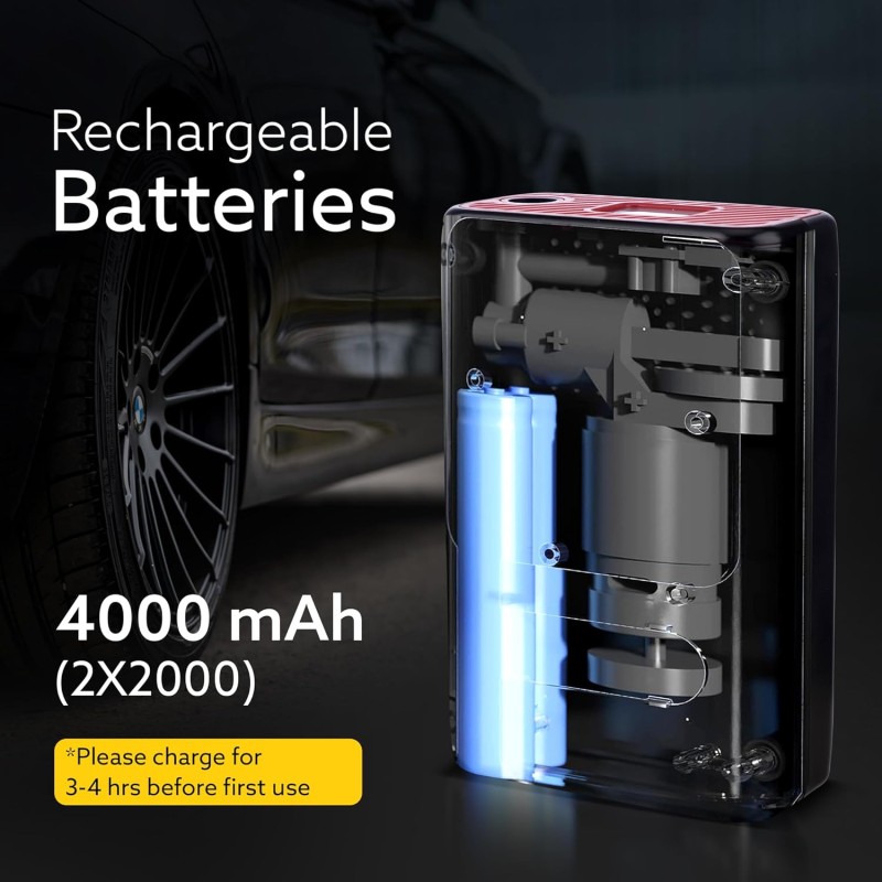 AGARO Regal New Portable Tyre Inflator for Cars & Bikes, 18L/min of Airflow, Upto 150 PSI, 4000 mAh (2 * 2000) Batteries