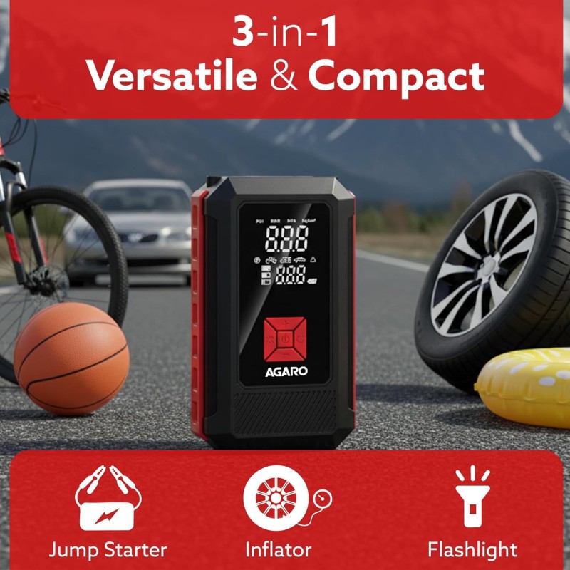 AGARO Regal Tyre inflator & Jump Starter, for Cars & Bikes, 14.8V, Upto 150 PSI, 10000 mAH Powerful Battery