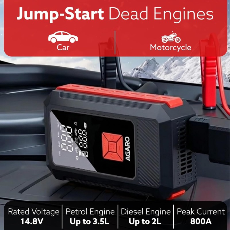 AGARO Regal Tyre inflator & Jump Starter, for Cars & Bikes, 14.8V, Upto 150 PSI, 10000 mAH Powerful Battery