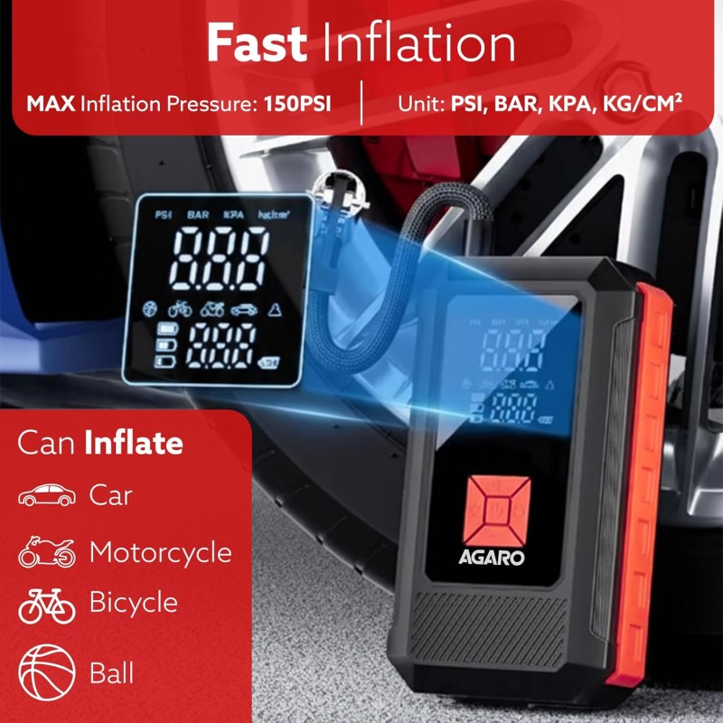 AGARO Regal Tyre inflator & Jump Starter, for Cars & Bikes, 14.8V, Upto 150 PSI, 10000 mAH Powerful Battery
