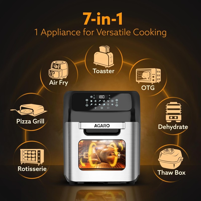 AGARO Regency Air Fryer For Home, 12L, Family Rotisserie Oven, 1800W, 9 Preset Menu, Electric Air Fryer Silver.