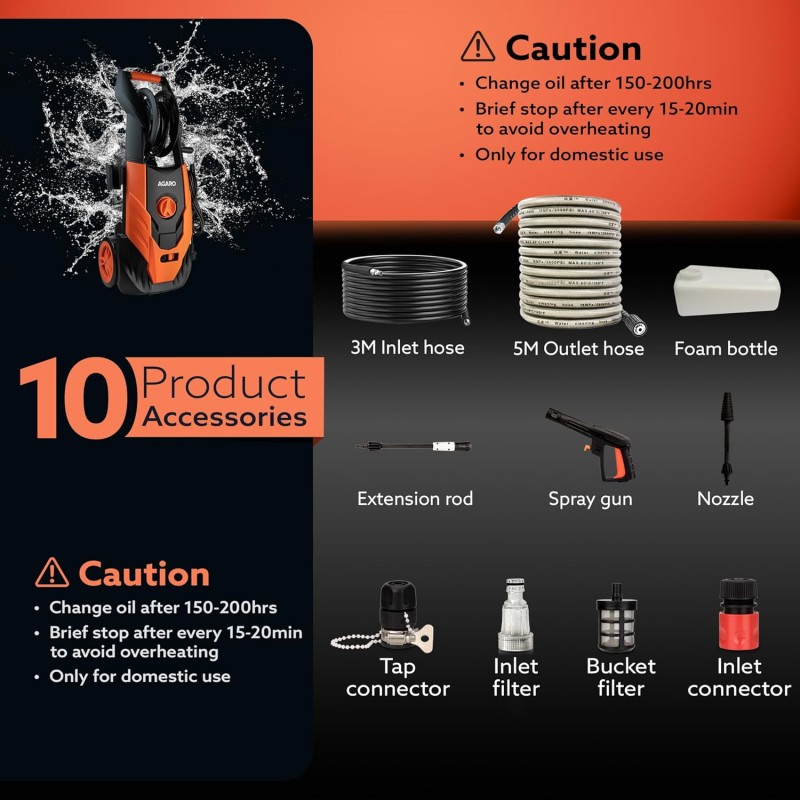 AGARO Royal High Pressure washer, 1800 Watts Motor, 140 Bars, 7L/Min Flow Rate, 5 Meters Outlet Hose, Upright Design Black and Orange