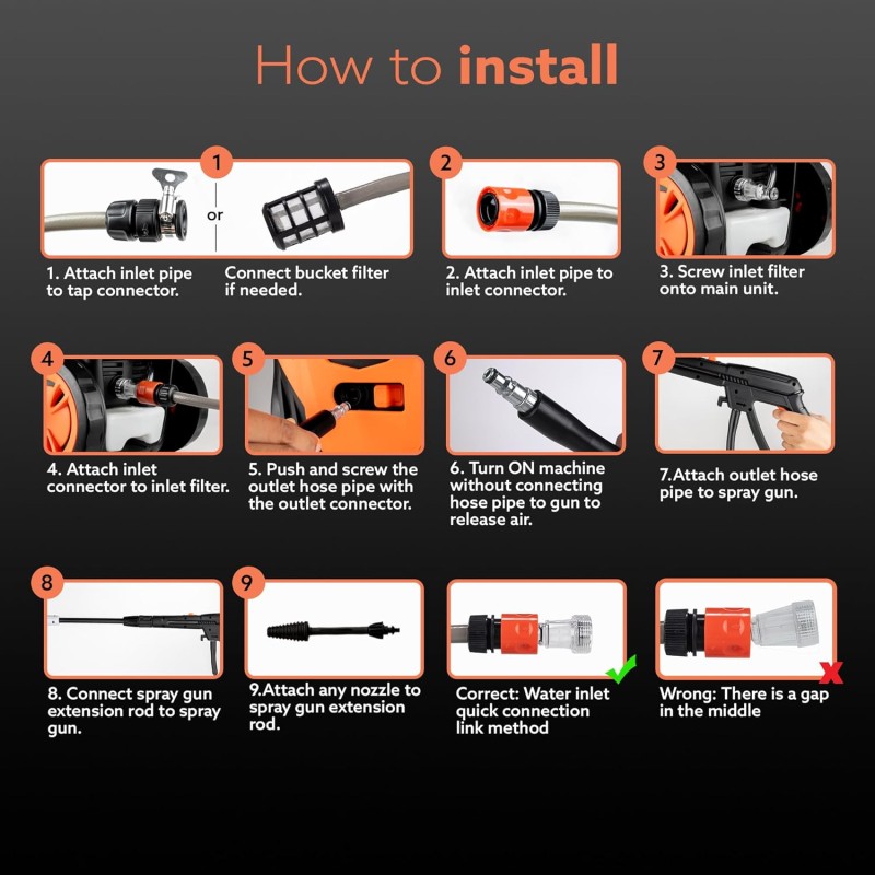 AGARO Royal High Pressure washer, 1800 Watts Motor, 140 Bars, 7L/Min Flow Rate, 5 Meters Outlet Hose, Upright Design Black and Orange