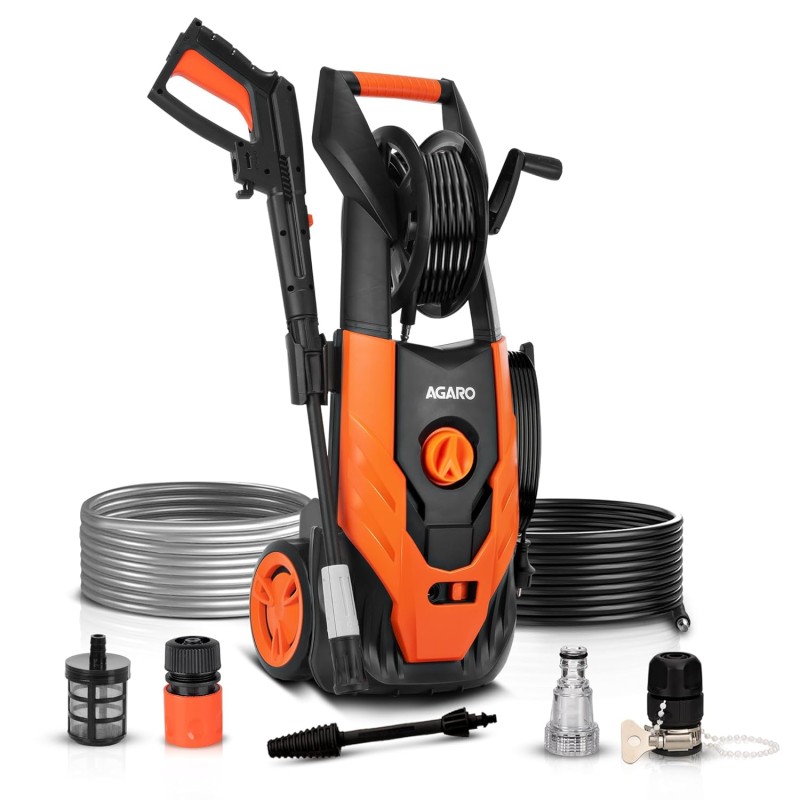 AGARO Royal High Pressure washer, 1800 Watts Motor, 140 Bars, 7L/Min Flow Rate, 5 Meters Outlet Hose, Upright Design Black and Orange