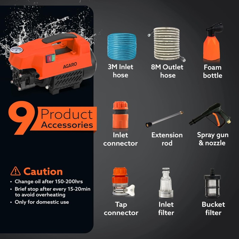 AGARO Supreme High Pressure Washer, Car Washer, 1800 Watts Motor, 120 Bars, 6.5L/Min Flow Rate