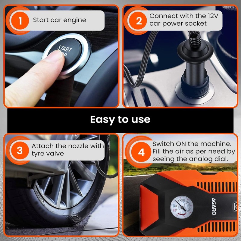 AGARO TI2147 Analog Tyre Inflator Pump, Portable, 12V DC, up to 150 PSI, LED Light,Carry Case, for Car, Bike,  (Orange)