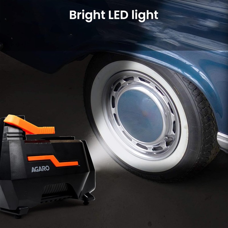 AGARO TI2157 Digital Portable Tyre Inflator/Pressure Gauge, 12V DC/230V AC for Home and Car, up to 150 PSI, LED Light, Digital Display, For Bike
