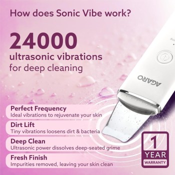 AGARO Ultrasonic Facial Skin Scrubber for Wet Skin, Blackheads Remover and Facial Pores Cleaner with 4 Modes, Stainless Steel Spatula Safe for Skin, 2 Silicone Covers Included, Rechargeable, White