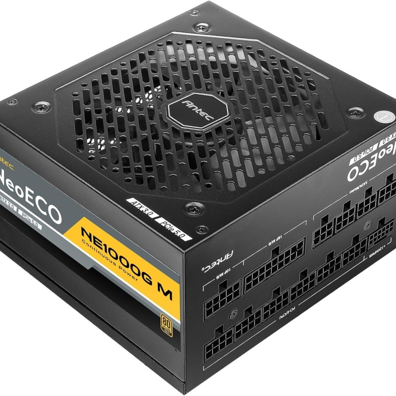 ANTEC NeoECO, NE1000G M ATX3.0, 1000W Full Modular PSU, 80 Plus Gold Certified, PCIE 5.0 Support, PhaseWave Design, Japanese Caps, Zero RPM Manager, Silent 120mm Fan, 10-Year Warranty