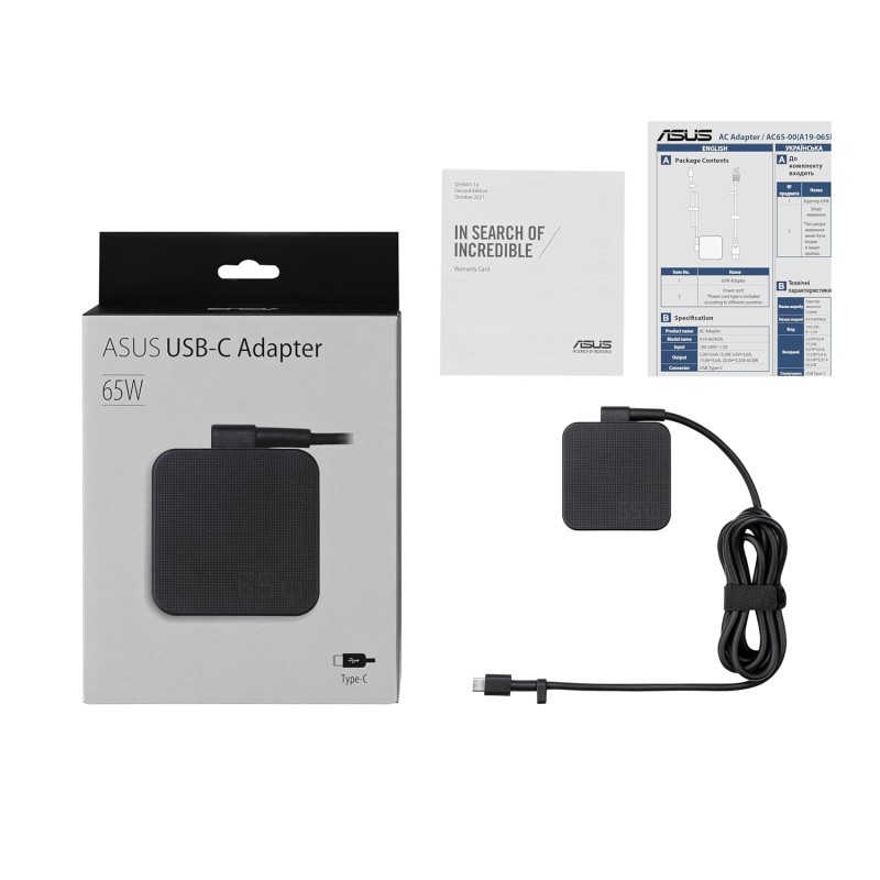 ASUS AC65-00 65W USB Type-C Adapter/Charger Connector, USB PD 3.0 Technology with 5V/3A, 9V/3A, 15V/3A and 20V/3.25A Output for Laptop, Black