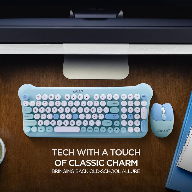 Acer CUTEO 2.4GHz Wireless Keyboard & Mouse Combo I Retro Style Round Keys I 98 Keys Integrated Multimedia Keys I 1200 DPI, High Precision