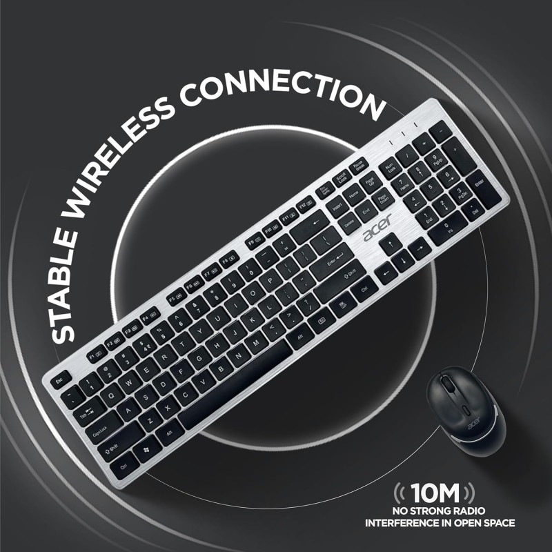 Acer Fusion Wireless Keyboard and Mouse Combo, Durable Stylish Design, 2.4GHz Nano Receiver, 10m Range, Indian Rupee Key (Black & Silver)