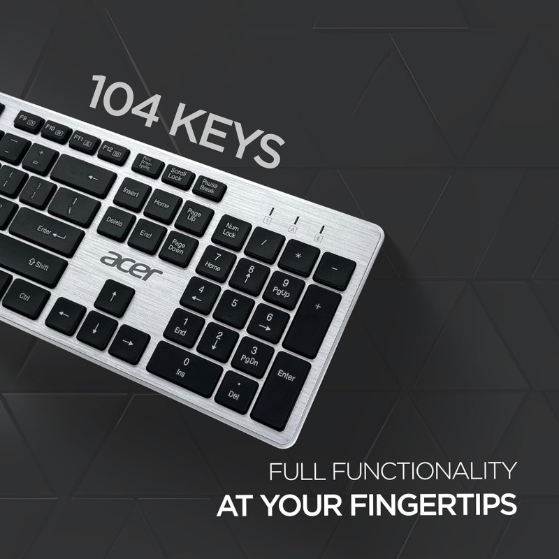 Acer Fusion Wireless Keyboard and Mouse Combo, Durable Stylish Design, 2.4GHz Nano Receiver, 10m Range, Indian Rupee Key (Black & Silver)