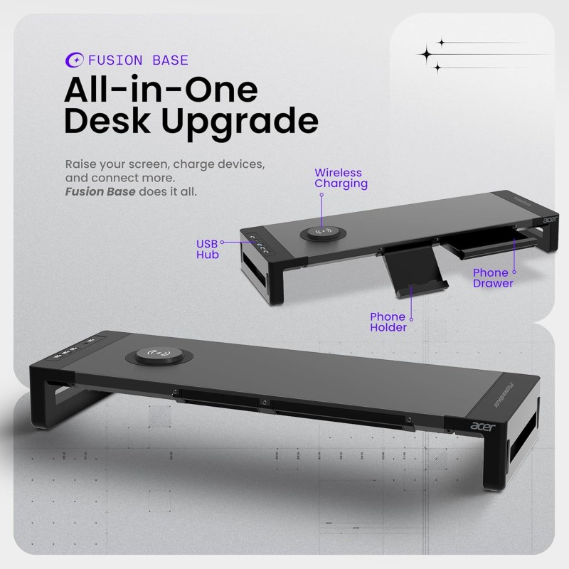 Acer FusionBase Monitor & Laptop Stand | Foldable ABS + Metal Build | USB Fast Charging 1x Type-C & 1x Type A + 3×Data Ports Black