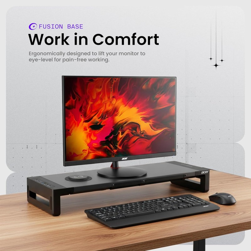 Acer FusionBase Monitor & Laptop Stand | Foldable ABS + Metal Build | USB Fast Charging 1x Type-C & 1x Type A + 3×Data Ports Black