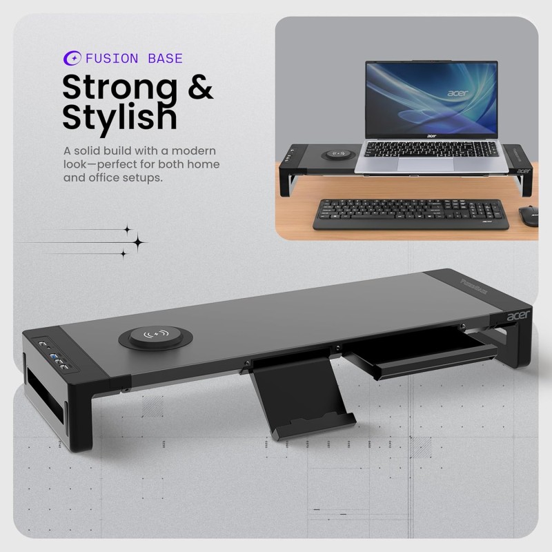 Acer FusionBase Monitor & Laptop Stand | Foldable ABS + Metal Build | USB Fast Charging 1x Type-C & 1x Type A + 3×Data Ports Black