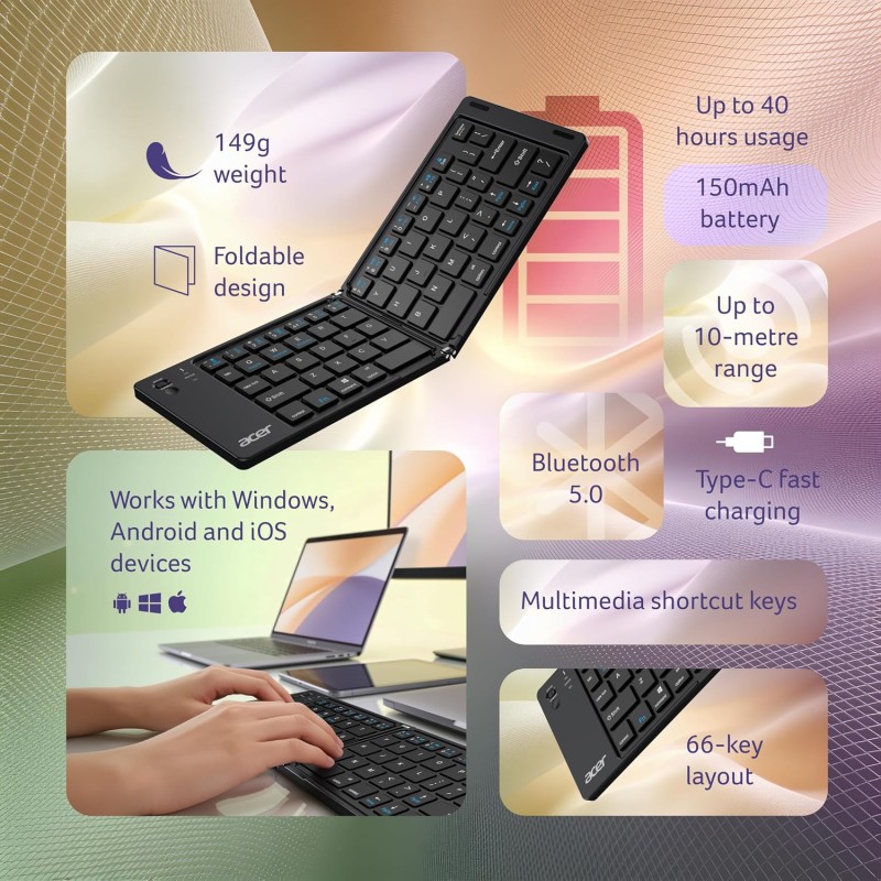 Acer MiniFold Foldable Bluetooth Keyboard, Ultra Portable 66-Key Wireless Keyboard, Bluetooth 5.0, Rechargeable Battery